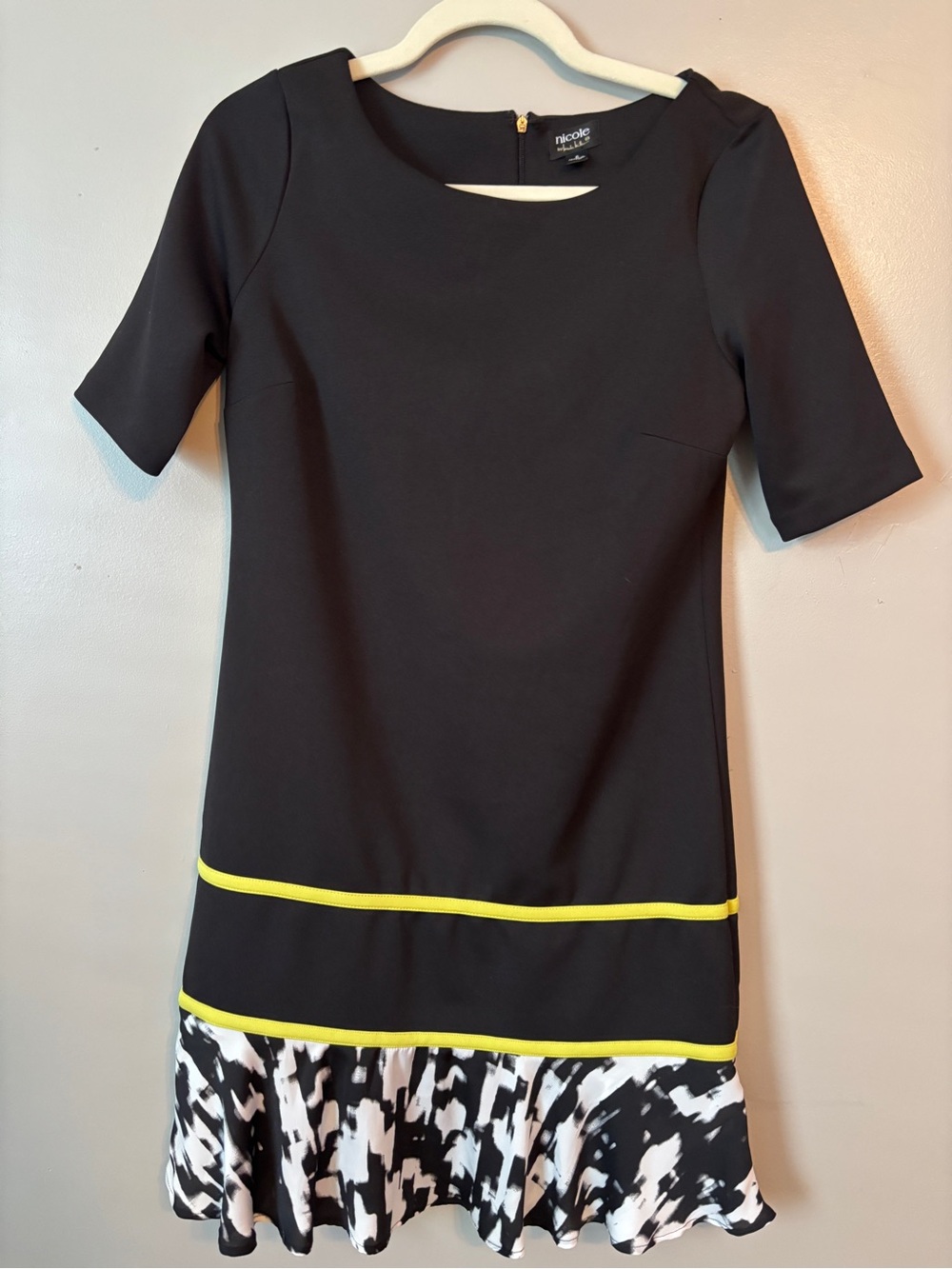 Nicole Black Sheath Dress with Yellow Trim and Printed Hem